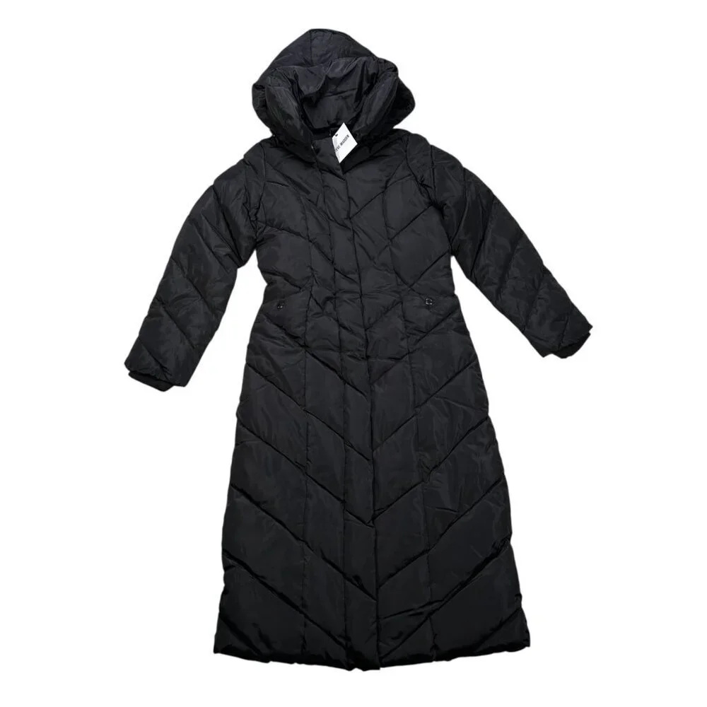 Steve Madden XS Women Pillow Collar Long Puffer Chevron Winter Coat Jacket Black